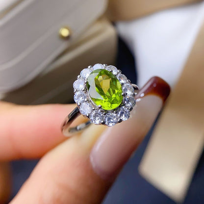 Natural Peridot Ring for Women, S925 Sterling Silver Setting, Main Stone 7*9mm
