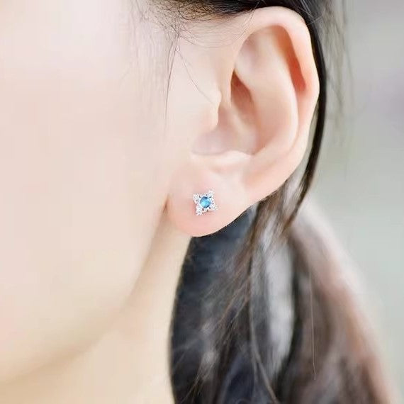 Natural Moonstone Earrings, Blue Sheen, S925 Sterling Silver, 3x3mm