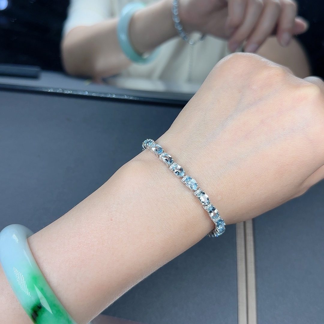Natural Aquamarine Bracelet, S925 Sterling Silver Setting