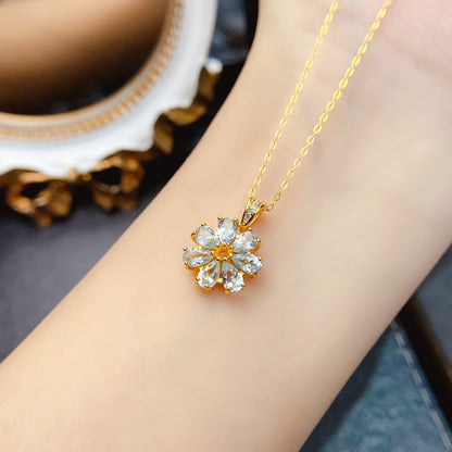 Natural Aquamarine Pendant Necklace, S925 Silver Plated with Gold