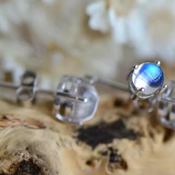 Natural Moonstone Earrings, Blue Sheen, S925 Sterling Silver, 4.2mm and 5.2mm