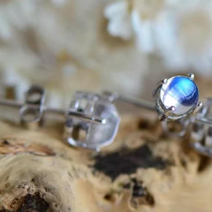 Natural Moonstone Earrings, Blue Sheen, S925 Sterling Silver, 4.2mm and 5.2mm