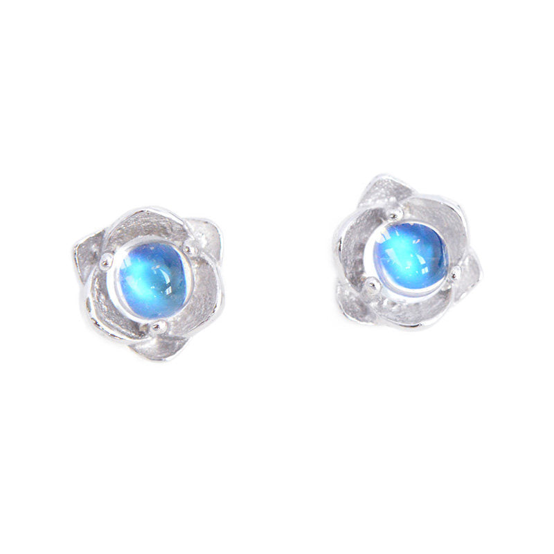 Natural Moonstone Earrings, Blue Sheen, S925 Sterling Silver, 3x3mm