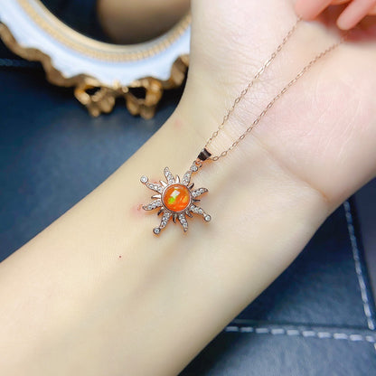Natural Fire Opal Pendant Necklace, Set in S925 Silver