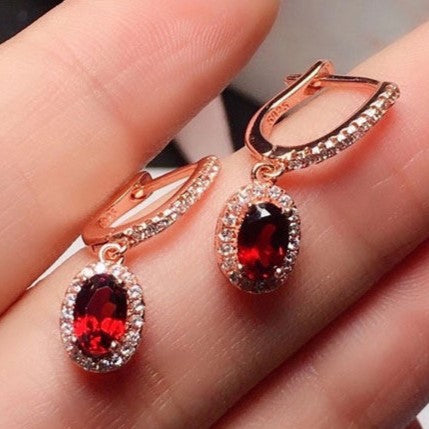 Natural Garnet Earrings, 925 Silver Plated with Rose Gold, Main Stone 4*6mm