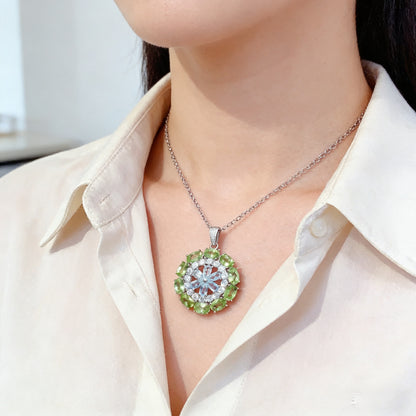 Natural Peridot and Aquamarine Pendant Necklace, Set in S925 Silver