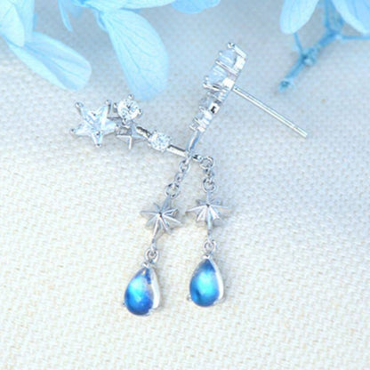 Natural Moonstone Earrings, Ice Type with Strong Blue Sheen, 925 Sterling Silver