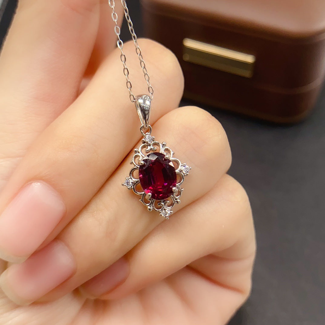 Natural Garnet Pendant Necklace, S925 Silver Plated with Platinum
