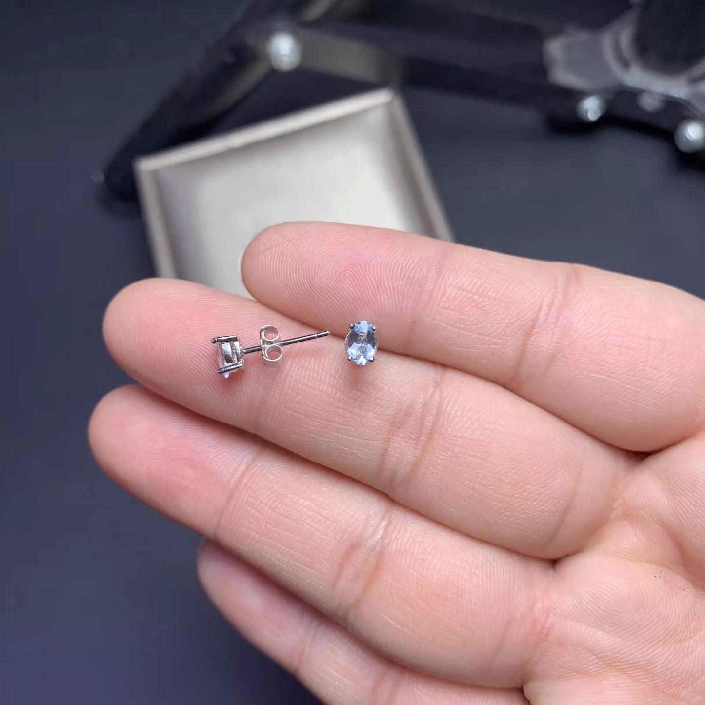 Natural Aquamarine Earrings, 925 Silver Plated with Platinum, 4-Prong Setting, 3*5mm