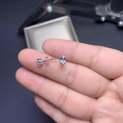 Natural Aquamarine Earrings, 925 Silver Plated with Platinum, 4-Prong Setting, 3*5mm