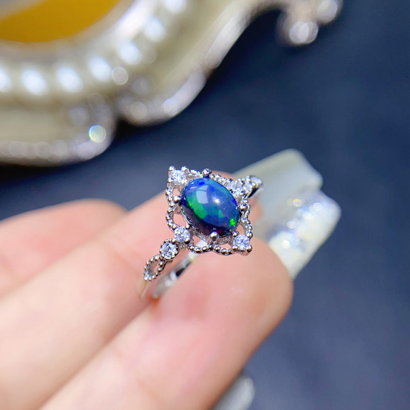 Natural Black Opal Ring 925 Silver 5*7mm