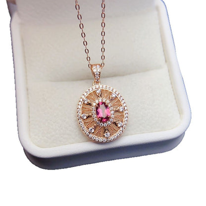 Natural Garnet Pendant Necklace, S925 Silver Rose Gold-Plated