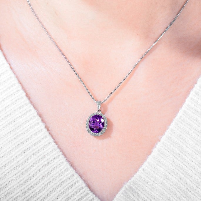 Natural Amethyst Pendant Necklace, S925 Silver Plated with Platinum