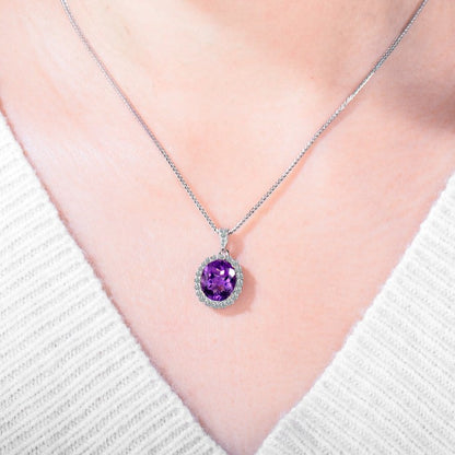 Natural Amethyst Pendant Necklace, S925 Silver Plated with Platinum