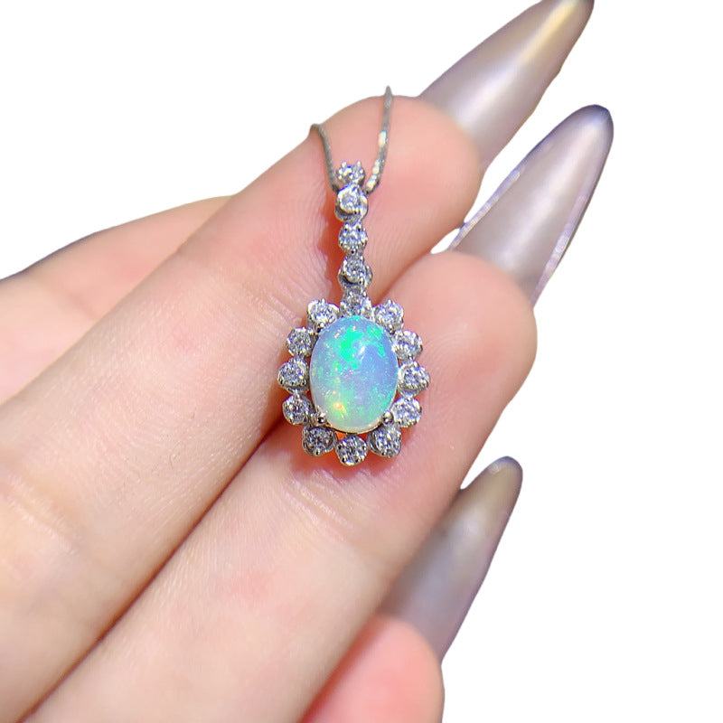 Natural Opal Pendant Necklace, S925 Silver Plated with Platinum