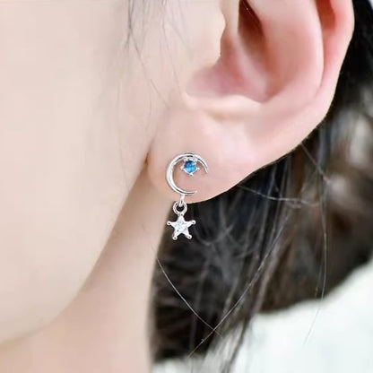 Natural Blue Moonstone Asymmetric Earrings, S925 Sterling Silver