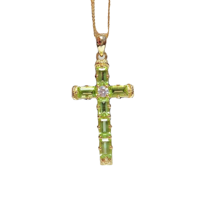 Natural Peridot Cross Pendant Necklace, Set in S925 Silver