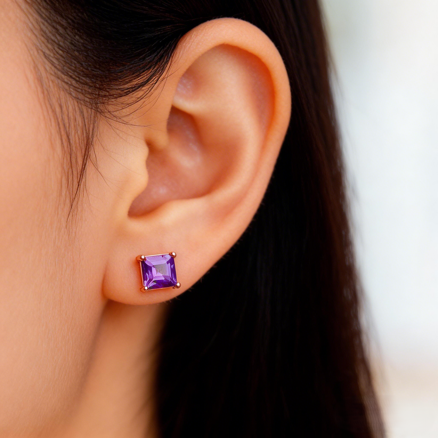 Natural Amethyst Earrings, 925 Silver with Gold Plating, 5x5mm