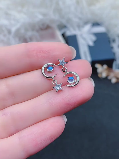 Natural Blue Moonstone Asymmetric Earrings, S925 Sterling Silver
