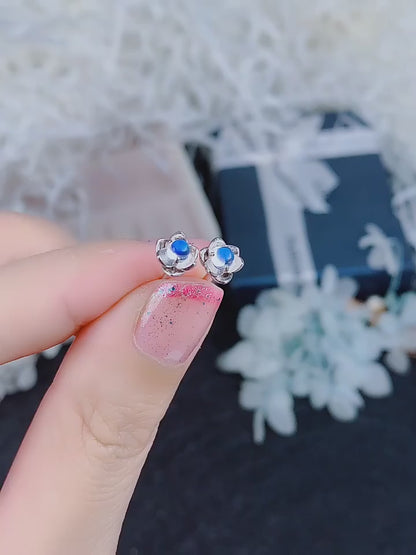 Natural Moonstone Earrings, Blue Sheen, S925 Sterling Silver, 3x3mm