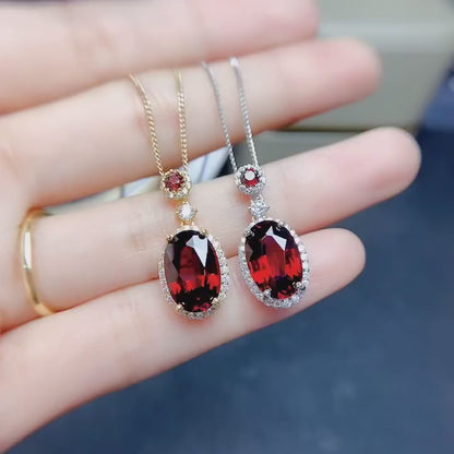 Natural Garnet Pendant Necklace, S925 Silver Plated with Platinum