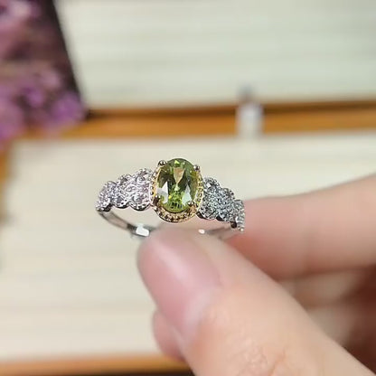 Natural Peridot Ring for Women, Set in S925 Sterling Silver, Main Stone 5*7mm
