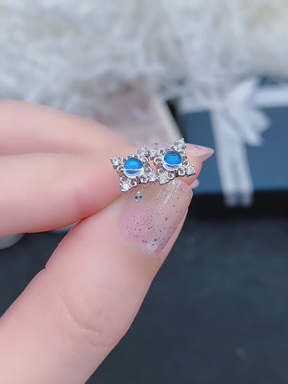 Natural Moonstone Earrings, Blue Sheen, S925 Sterling Silver, 3x3mm