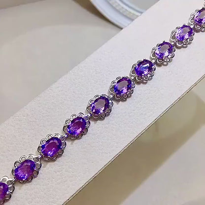 Natural Amethyst Bracelet, S925 Sterling Silver Setting