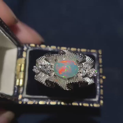 Natural Opal Ring 925 Silver with Floral Pattern