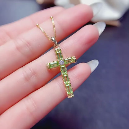 Natural Peridot Cross Pendant Necklace, Set in S925 Silver