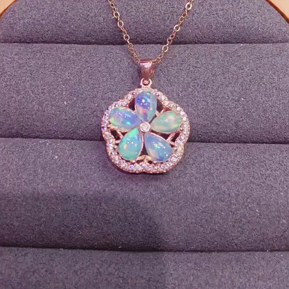 Natural Opal Floral Pendant Necklace, Set in S925 Silver