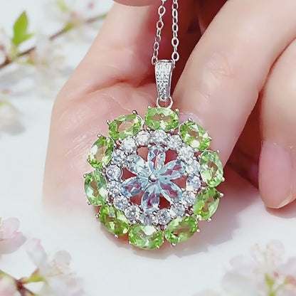 Natural Peridot and Aquamarine Pendant Necklace, Set in S925 Silver
